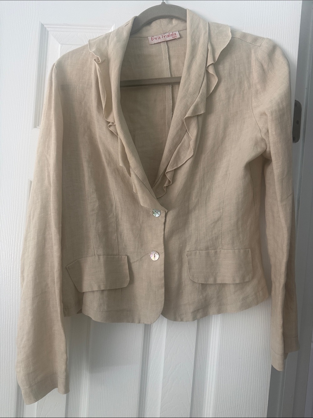 Light Natural Ruffle-Trim Linen Jacket unlined faux pockets sz S orig $60